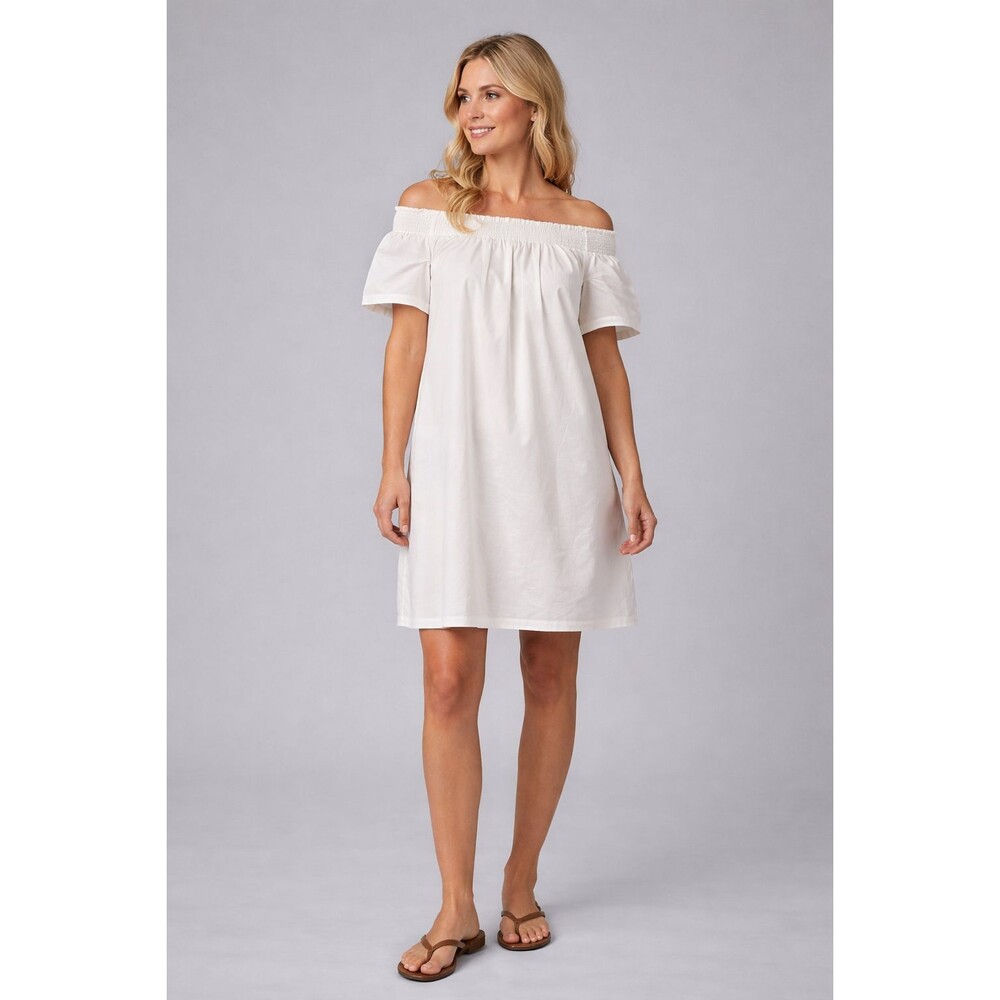 J.Crew White Cotton Poplin Off Shoulder Dress Size 14 Smocked Elegant NWT